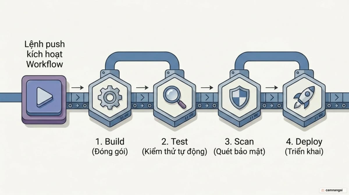 Một lần push kích hoạt workflow GitHub Actions chạy lần lượt kiểm thử, quét bảo mật và triển khai