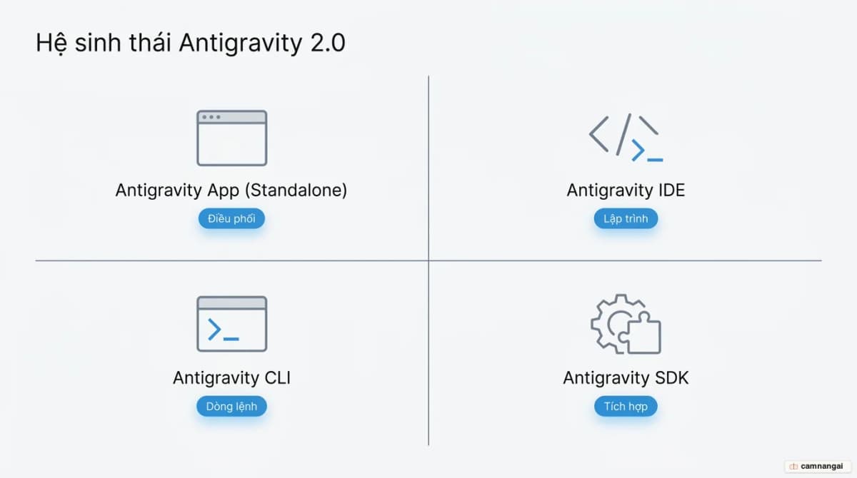 Sơ đồ hệ sinh thái Antigravity 2.0 gồm bốn thành phần: Antigravity App, Antigravity IDE, Antigravity CLI và Antigravity SDK, kèm vai trò của từng thành phần