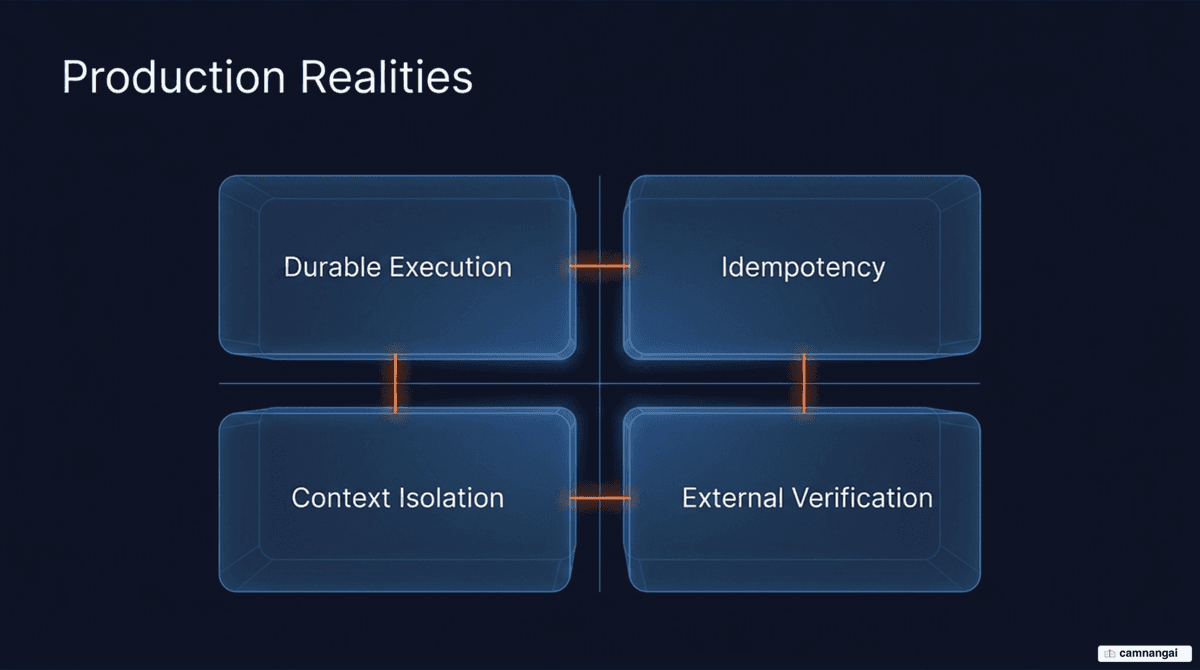 Four things a diagram does not show in production: durable execution, idempotency, context isolation and external verification