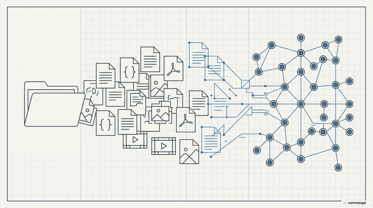 A folder of source code, documents, PDFs, images and video turning into a connected knowledge graph