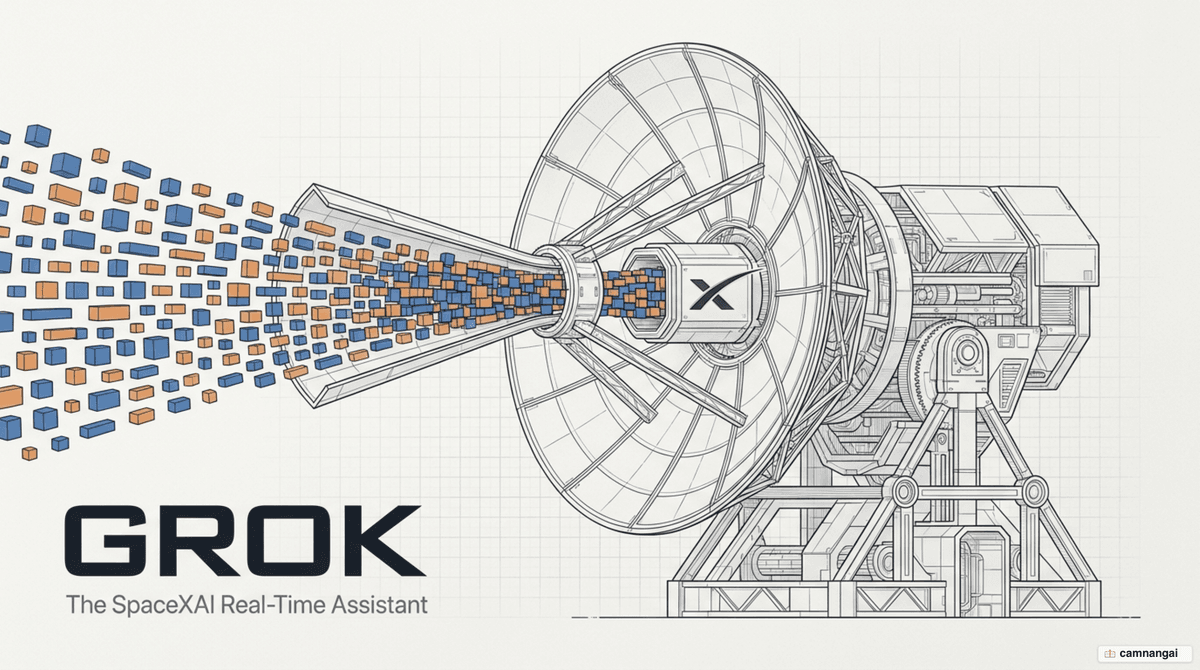 Illustration of Grok — the xAI/SpaceXAI assistant reading real-time data from the X social platform