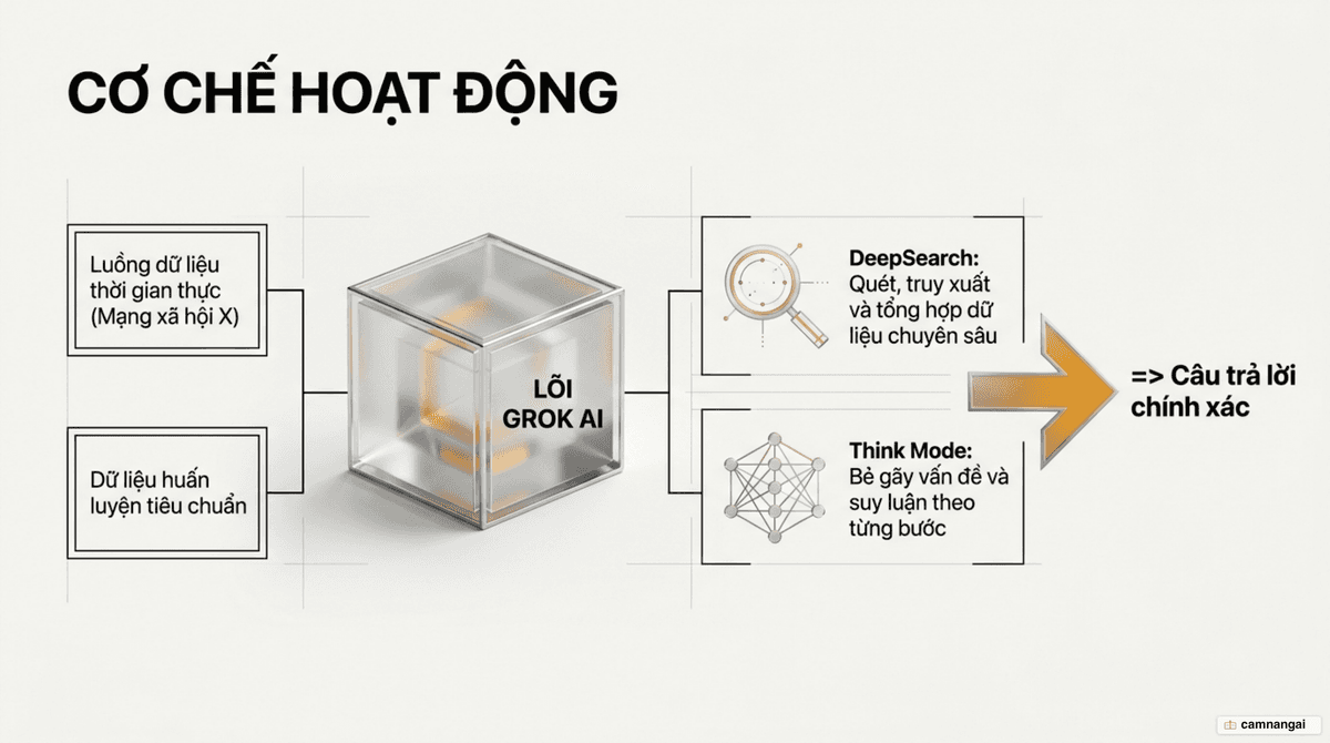 Sơ đồ cách Grok hoạt động: dữ liệu thời gian thực từ X và dữ liệu huấn luyện đi vào Grok, rồi qua DeepSearch và Think mode để tạo câu trả lời