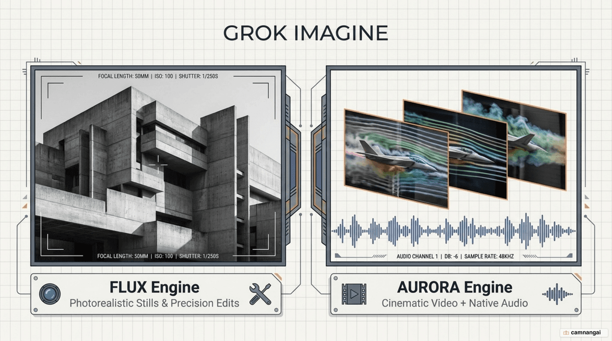Diagram of Grok Imagine's two engines: Flux for still images and Aurora for video with audio