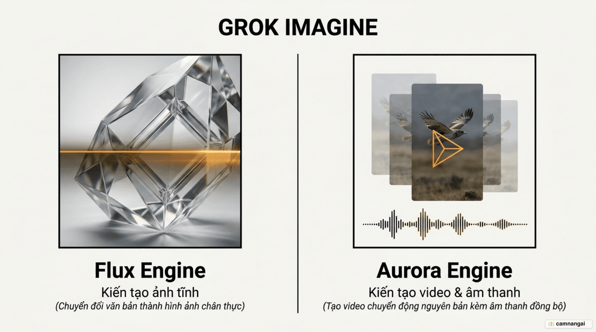 Sơ đồ Grok Imagine với hai engine: Flux tạo ảnh tĩnh và Aurora tạo video kèm âm thanh