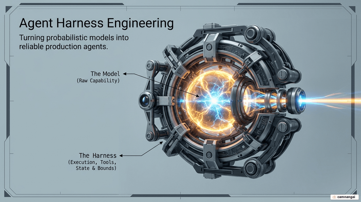 Cover image: a harness of scaffolding, tools, hooks and sandboxes wrapping an AI model core to turn it into a reliable production agent