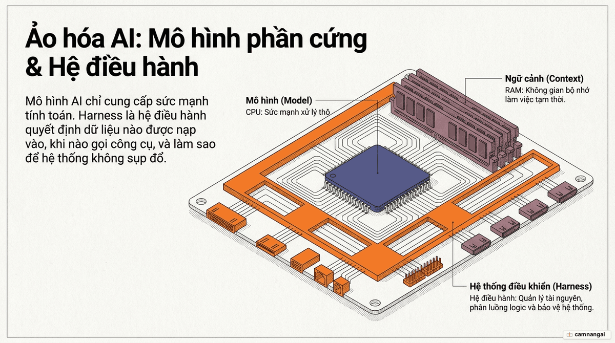 Sơ đồ ví von hệ điều hành: mô hình là CPU, ngữ cảnh là RAM, còn harness là hệ điều hành quản lý tài nguyên, quyền hạn và luồng thực thi của agent