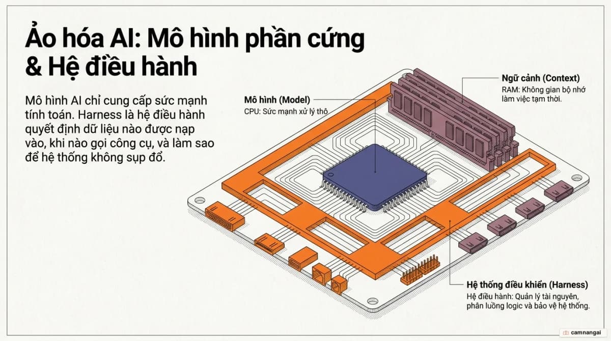 Sơ đồ ví von hệ điều hành: mô hình là CPU, ngữ cảnh là RAM, còn harness là hệ điều hành quản lý tài nguyên, quyền hạn và luồng thực thi của agent