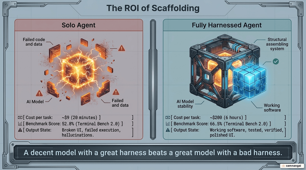 Comparison of a solo agent ($9, broken output) versus a fully harnessed agent ($200, working software), with the benchmark score rising from 52.8% to 66.5% by swapping the harness alone