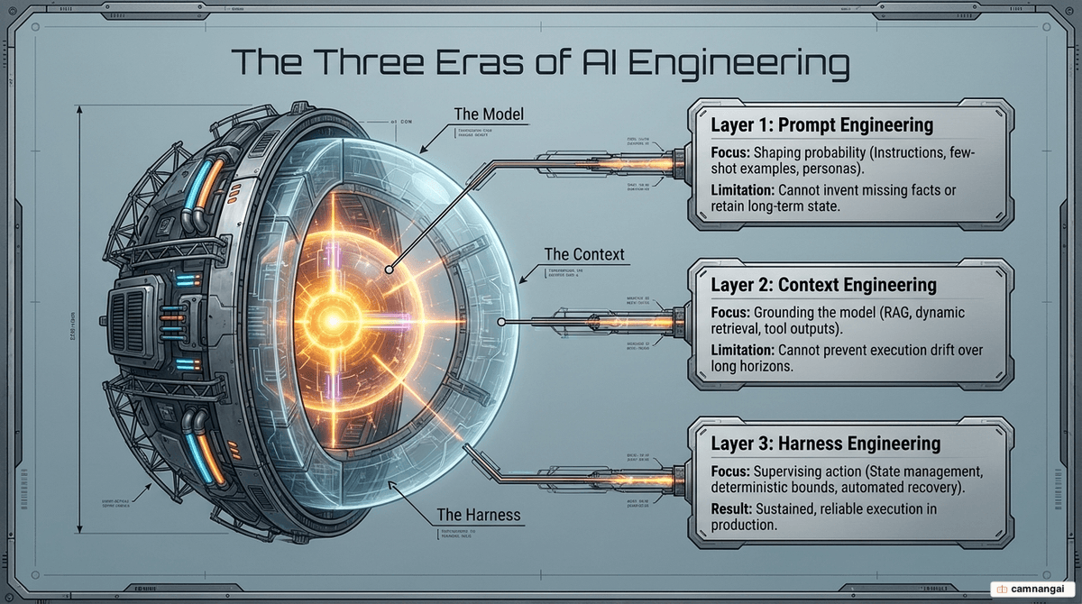 The three phases of AI engineering — prompt engineering, context engineering and harness engineering — where the harness contains and upgrades the two earlier layers into enforced execution