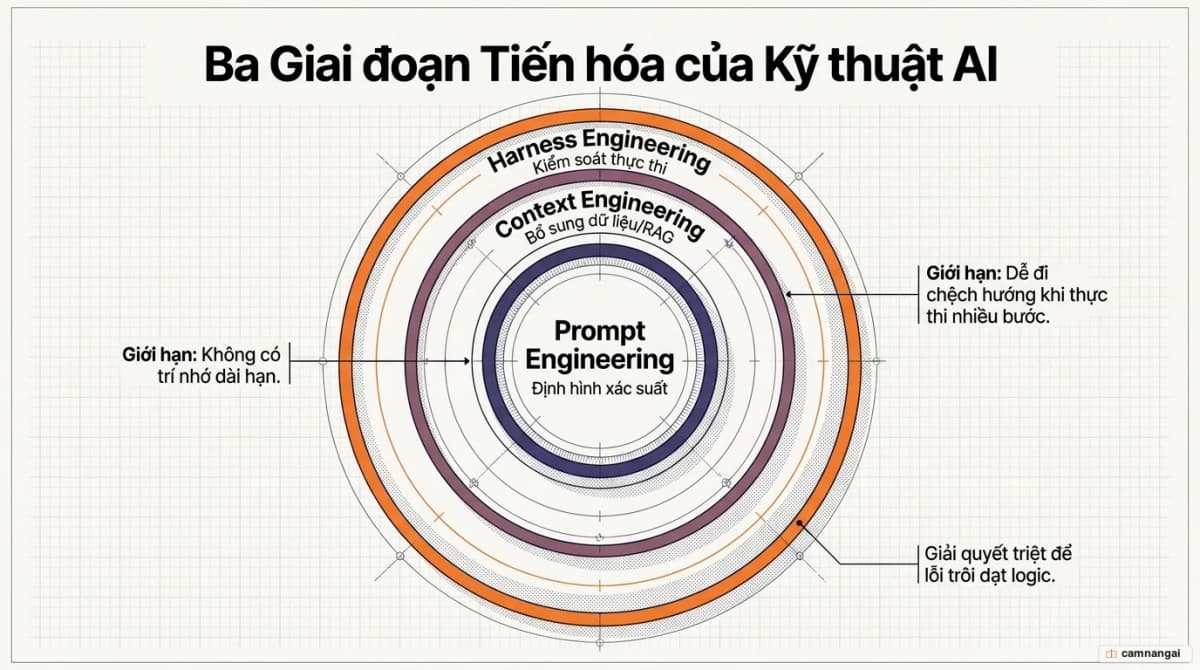 Ba giai đoạn tiến hóa của kỹ thuật AI: prompt engineering, context engineering và harness engineering, trong đó harness bao hàm và nâng cấp hai lớp trước lên mức thực thi cưỡng bức