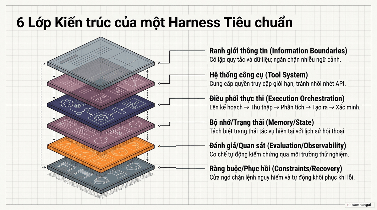 Sáu lớp kiến trúc của một harness: Information Boundaries, Tool System, Execution Orchestration, Memory/State, Evaluation/Observability và Constraints/Recovery xếp chồng lên nhau