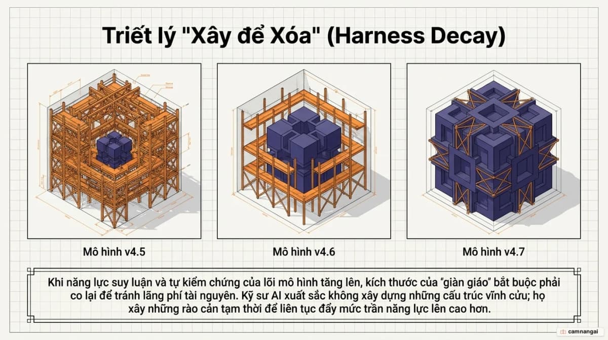 Tương lai harness engineering: lớp giàn giáo co lại dần khi mô hình mạnh lên qua các phiên bản (4.5 → 4.6 → 4.7) theo nguyên tắc "xây để xóa" (build to delete)