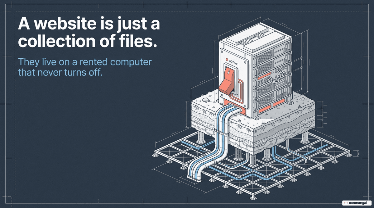 A website's files living on a rented server that stays powered on and connected to the internet — the article's theme image