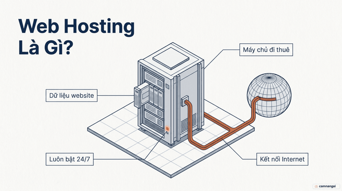 Toàn bộ dữ liệu của một website nằm trên máy chủ đi thuê, luôn bật và kết nối Internet — hình ảnh chủ đề của bài viết