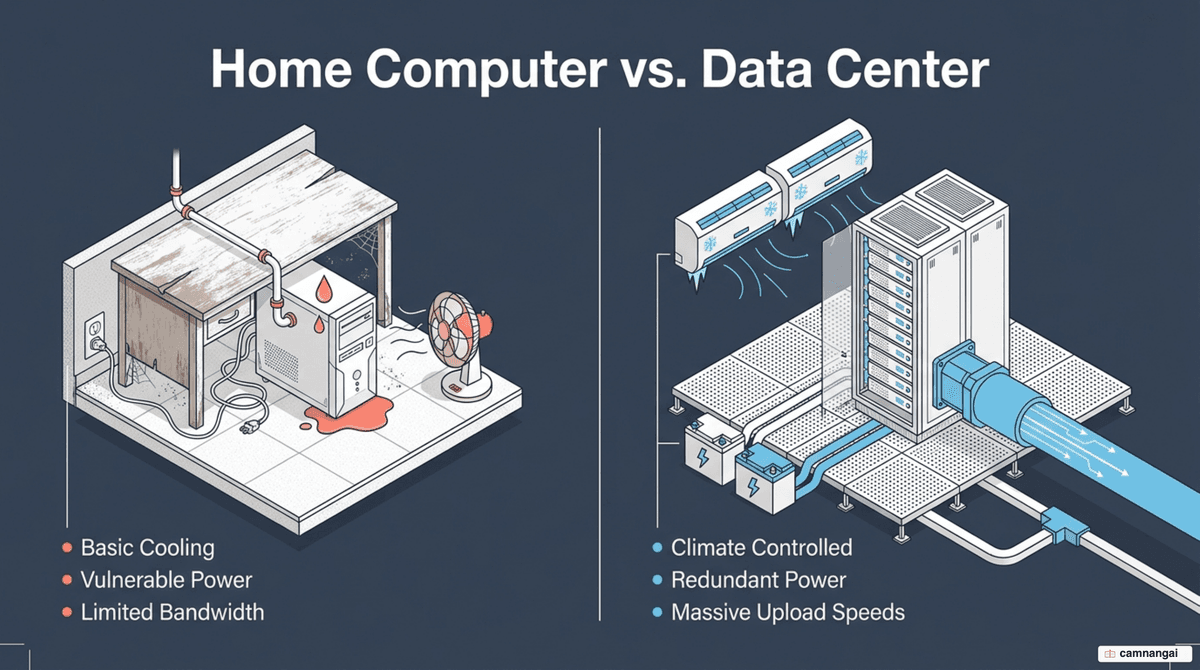 A home computer compared with a professional data center: cooling, backup power, and upload speed