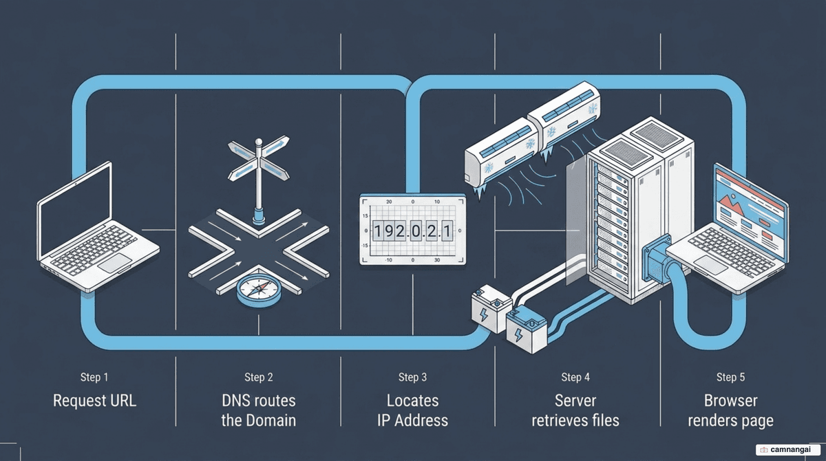 How hosting works: domain name to DNS to IP address, a request to the server, and the browser rendering the page