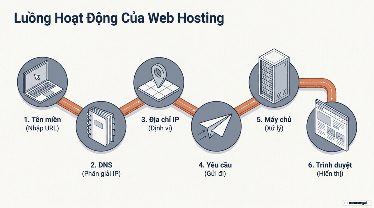 Luồng hoạt động của hosting: tên miền, DNS, địa chỉ IP, yêu cầu gửi tới máy chủ và trình duyệt hiển thị trang