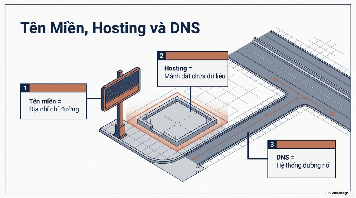 Tên miền là địa chỉ chỉ đường, hosting là mảnh đất chứa dữ liệu, và DNS nối hai thành phần này lại