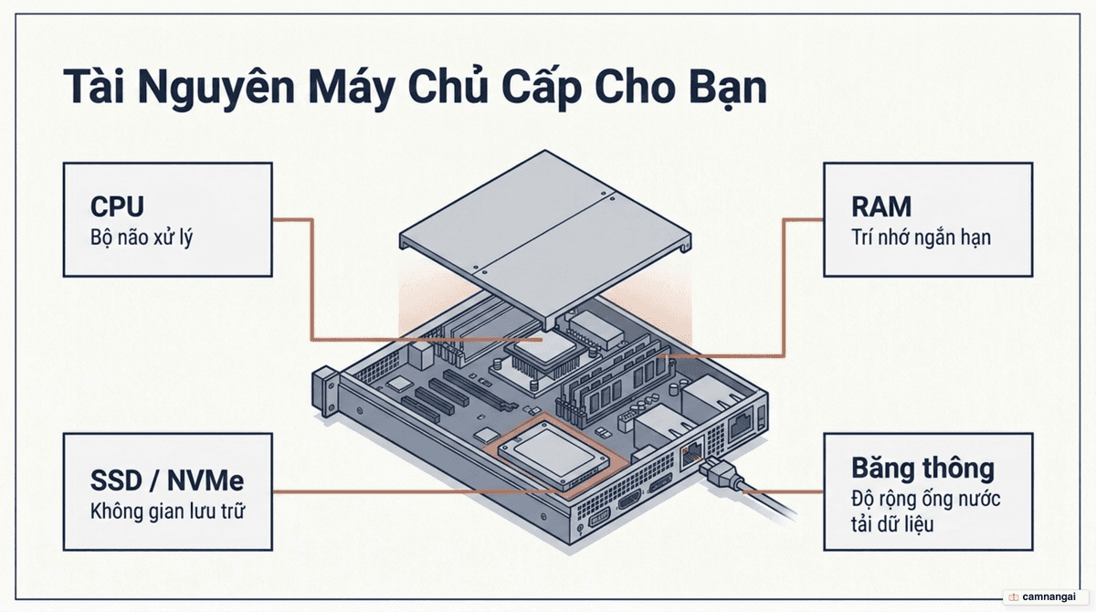 Các tài nguyên máy chủ cấp cho một gói hosting: CPU, RAM, ổ cứng SSD hoặc NVMe và băng thông