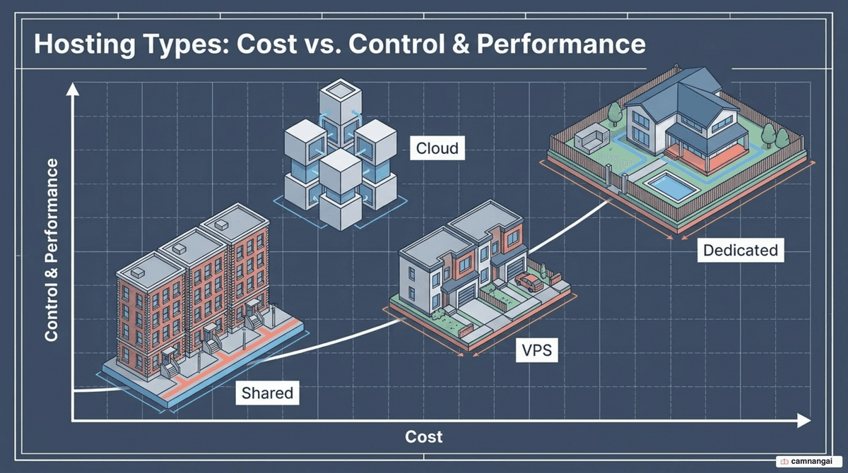 The four common hosting types — Shared, VPS, Dedicated, and Cloud — arranged by cost and control