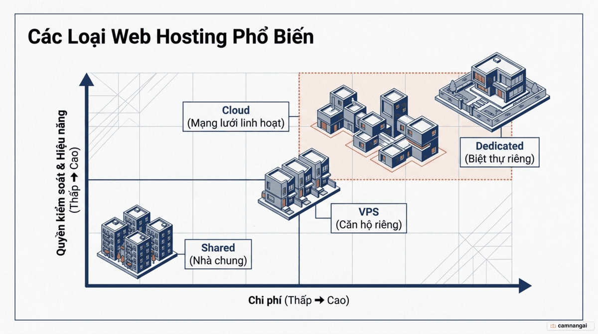 Bốn loại hosting phổ biến — Shared, VPS, Dedicated và Cloud — xếp theo mức chi phí và quyền kiểm soát