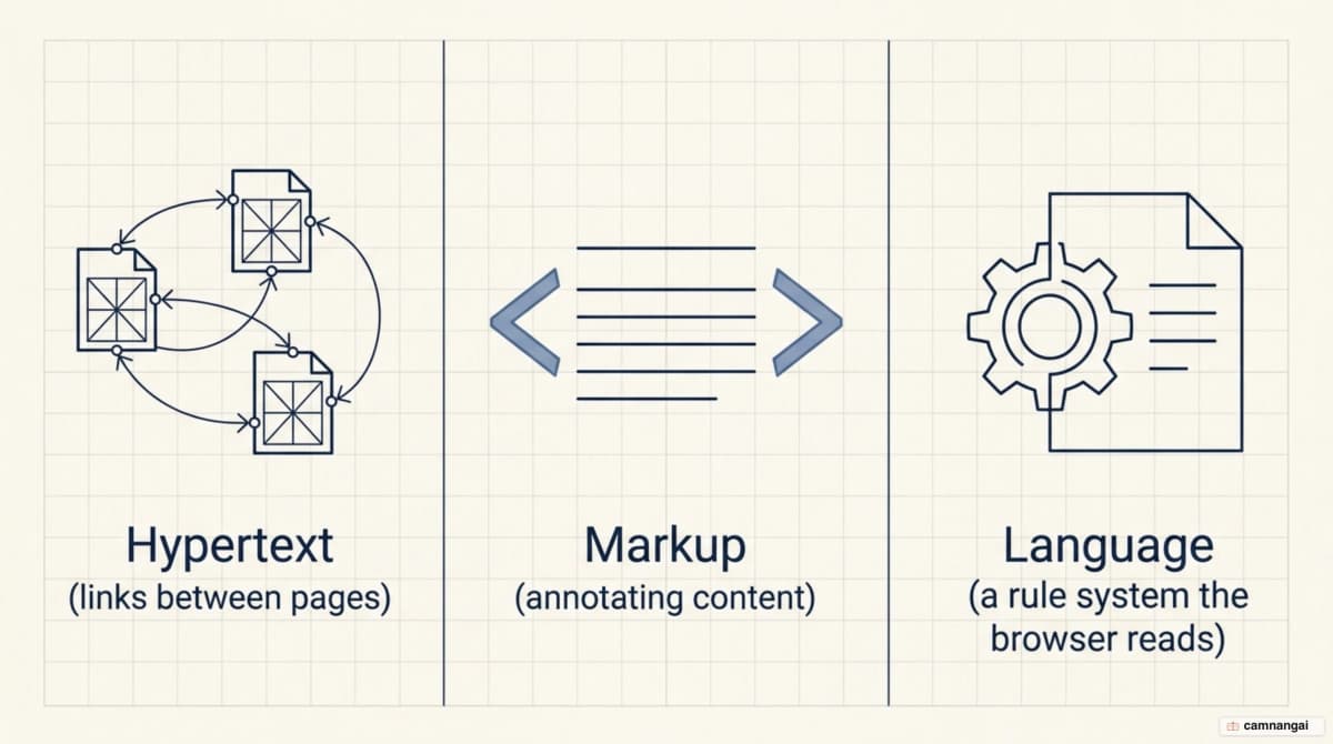The three ideas behind HTML: hypertext as links between pages, markup as annotated content, and language as the rule system a browser reads