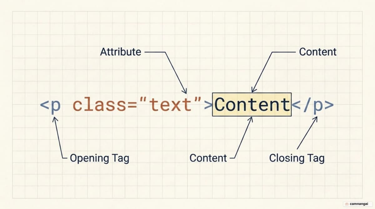 Anatomy of an HTML element: opening tag with its attribute, the content in the middle, and the closing tag
