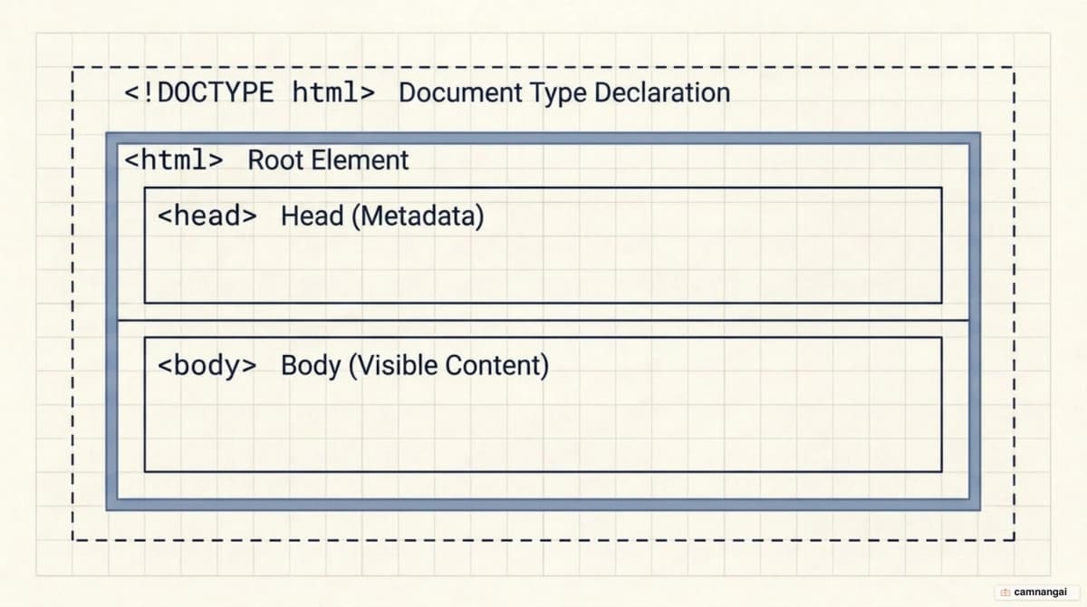 The nesting structure of an HTML document: the DOCTYPE declaration, the html root, and the split into head and body