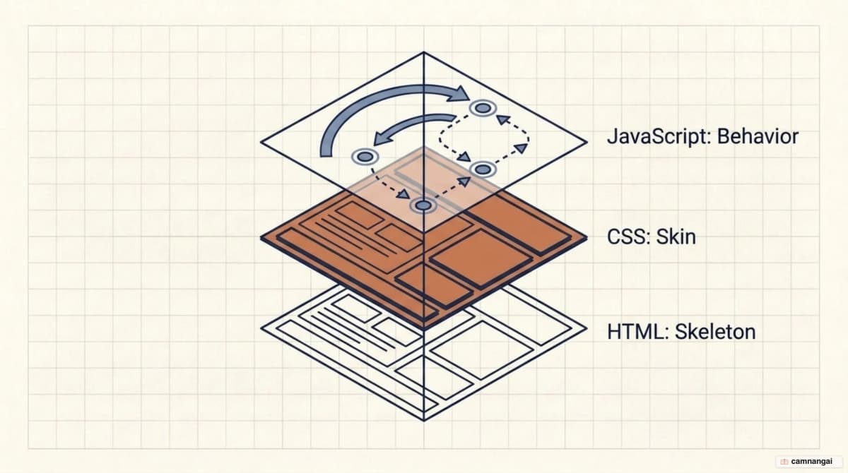The three layers of a web page: HTML as the skeleton, CSS as the skin and clothing, JavaScript as the behavior