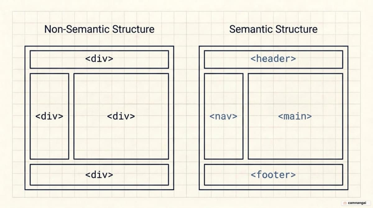 A page built from plain div containers compared against the same page built with semantic header, nav, main and footer tags