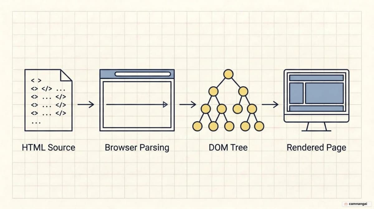 The path from HTML source through parsing, into the DOM tree, and out to the rendered page on screen