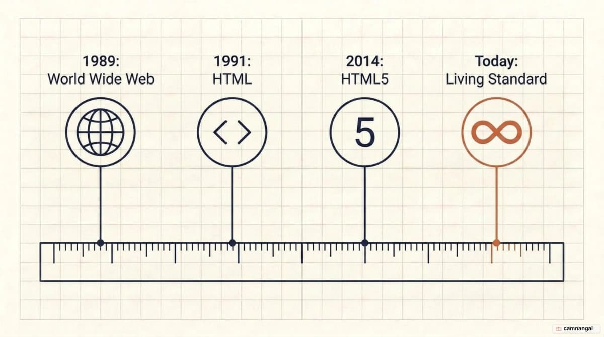 HTML timeline: the World Wide Web in 1989, HTML in 1991, HTML5 in 2014, and today's Living Standard model