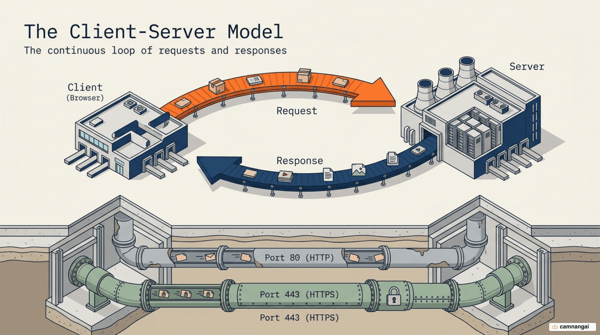 Client-server model: the browser sends a request over port 80, while HTTPS encrypts traffic over port 443