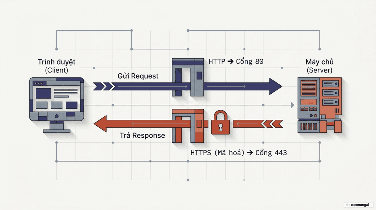 Mô hình client-server: trình duyệt gửi request tới máy chủ qua cổng 80, HTTPS mã hóa qua cổng 443