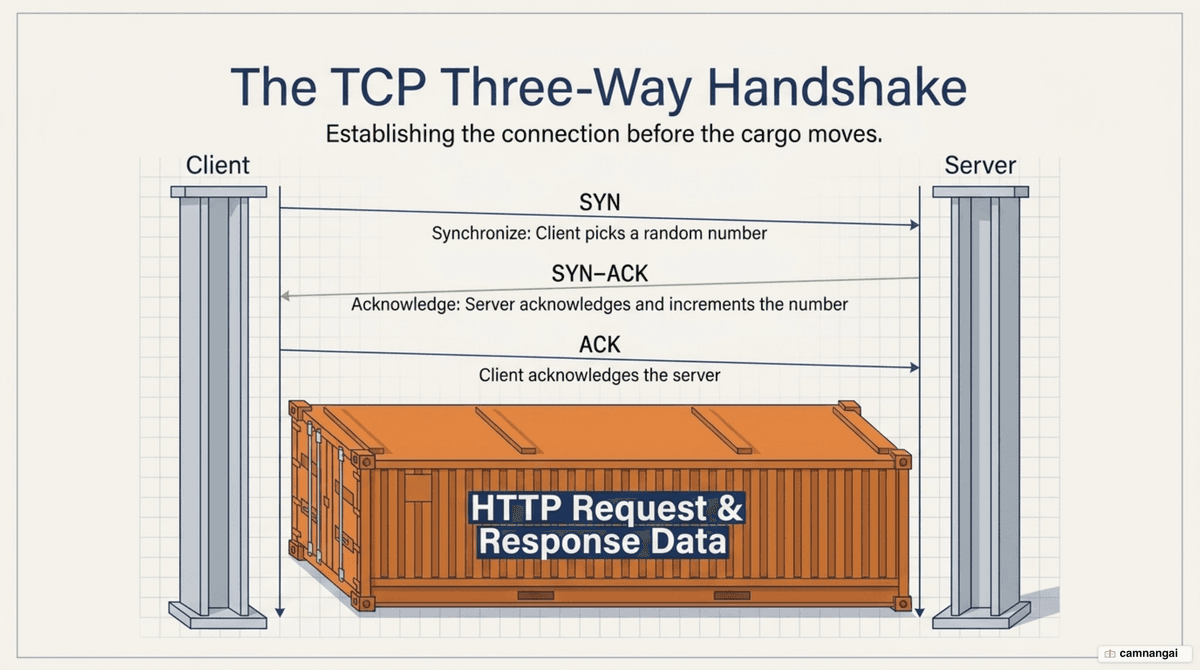 TCP three-way handshake: the client sends SYN, the server replies SYN-ACK, the client sends ACK
