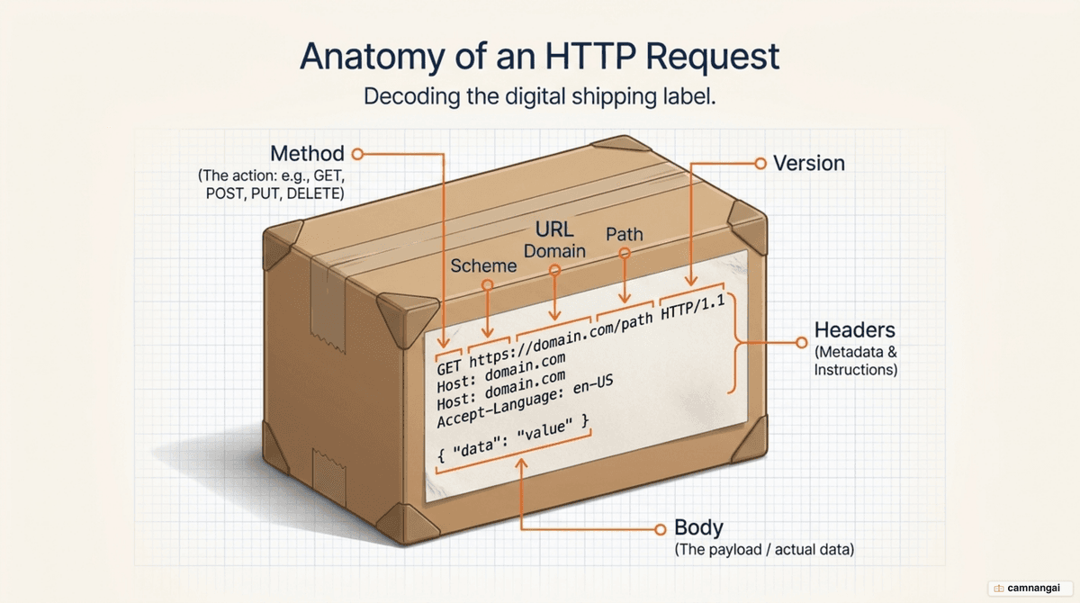 The parts of an HTTP request — method, URL, version, headers and body — alongside the segments of a URL