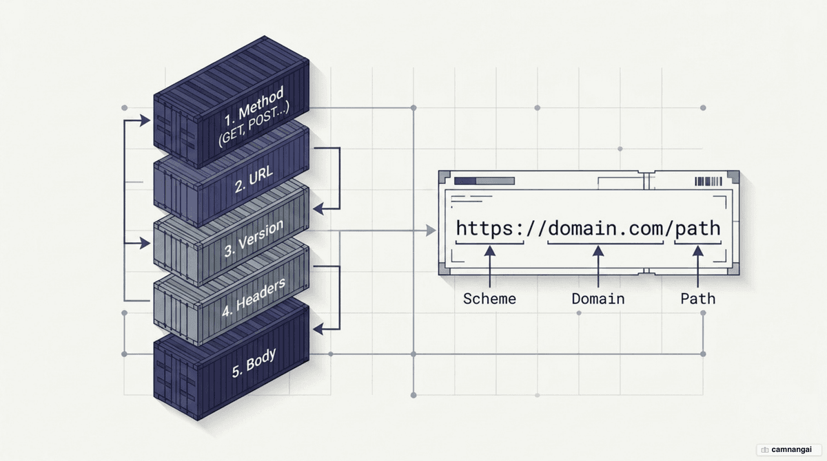 Cấu trúc một HTTP request gồm Method, URL, Version, Headers và Body, kèm các thành phần của URL
