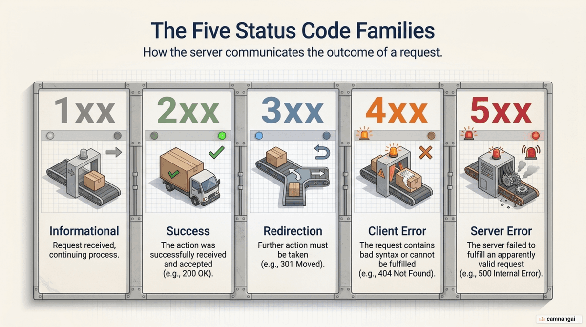 The five HTTP status code families: 1xx informational, 2xx success, 3xx redirection, 4xx client error, 5xx server error