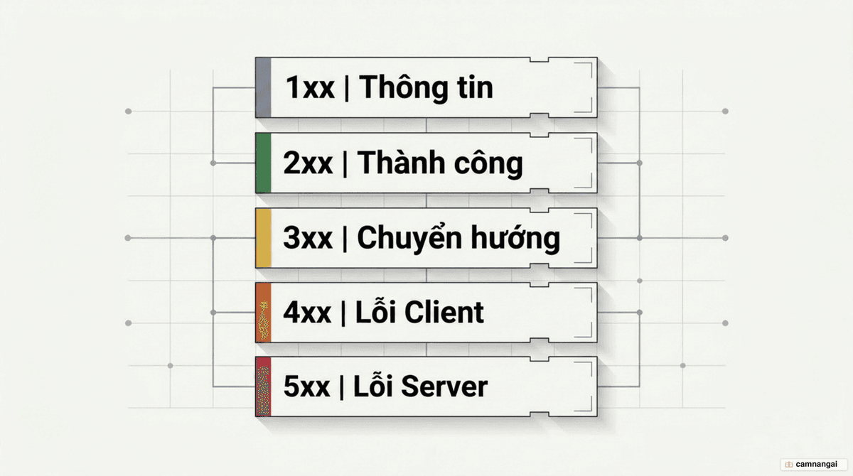 Năm nhóm mã trạng thái HTTP: 1xx thông tin, 2xx thành công, 3xx chuyển hướng, 4xx lỗi client, 5xx lỗi server
