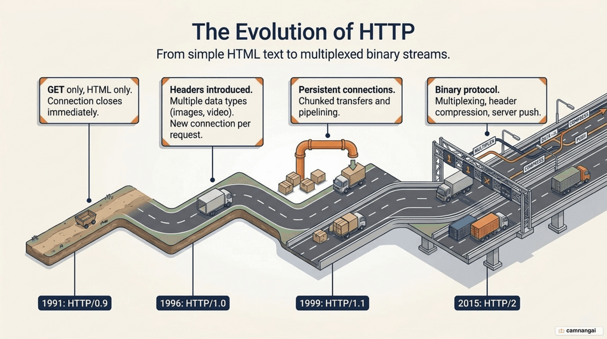 Timeline of HTTP's evolution from version 0.9 in 1991 to HTTP/2 in 2015