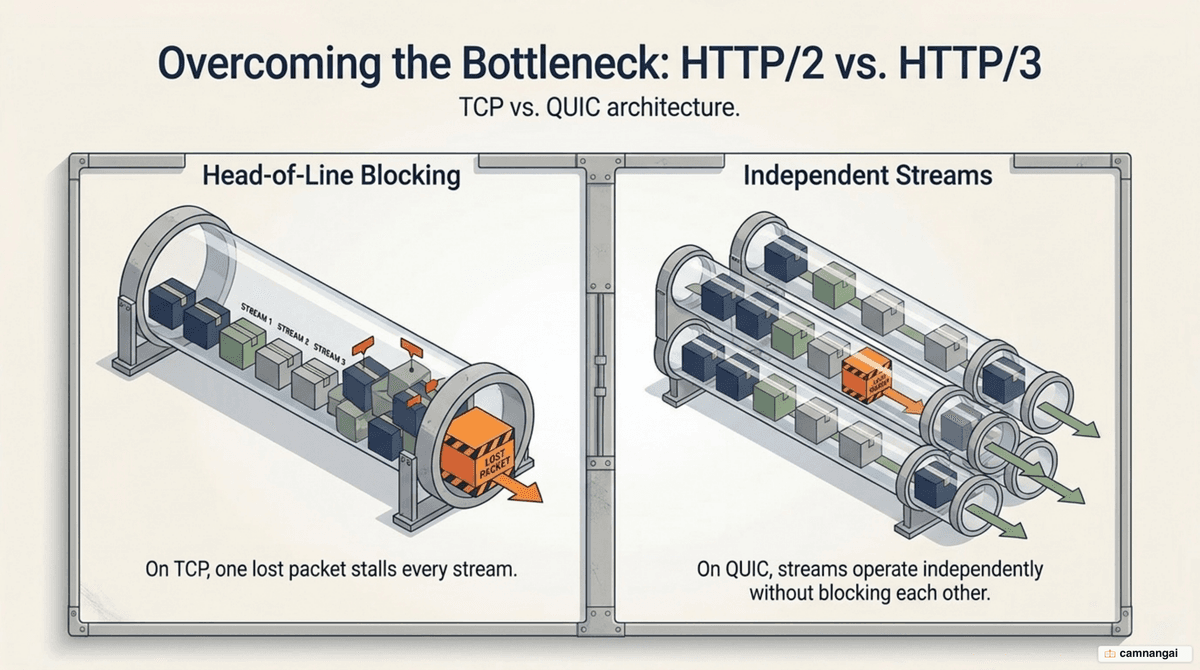 HTTP/2 over TCP compared with HTTP/3 over QUIC, where one lost packet stalls only its own stream