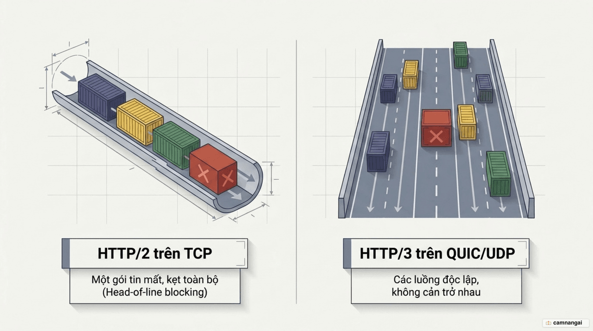 So sánh HTTP/2 trên TCP và HTTP/3 trên QUIC: một gói tin mất chỉ ảnh hưởng tới luồng của chính nó