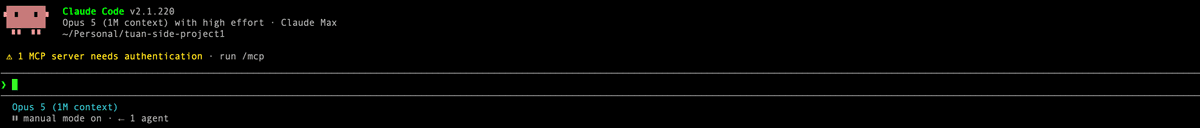 The Claude Code welcome screen in a terminal right after first launch, showing the version, the active model, and the working directory