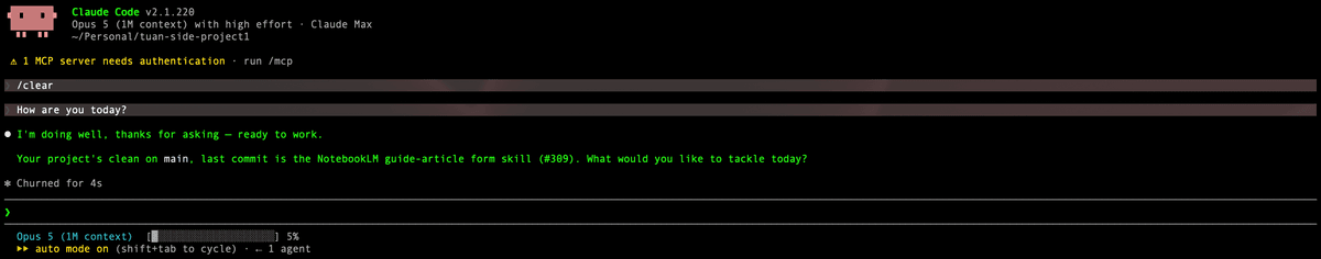 A Claude Code session in the terminal: the user types a request and Claude answers directly in the command line, with the status bar showing the model and permission mode