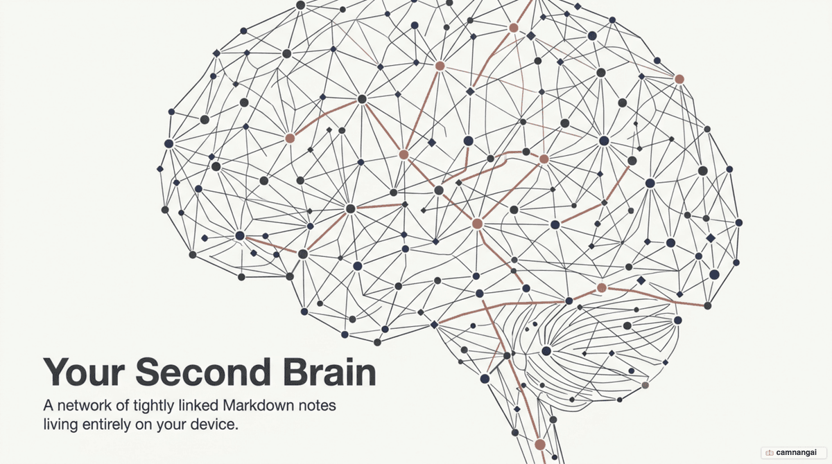 Illustration of Obsidian as a network of tightly linked Markdown notes living on your own device