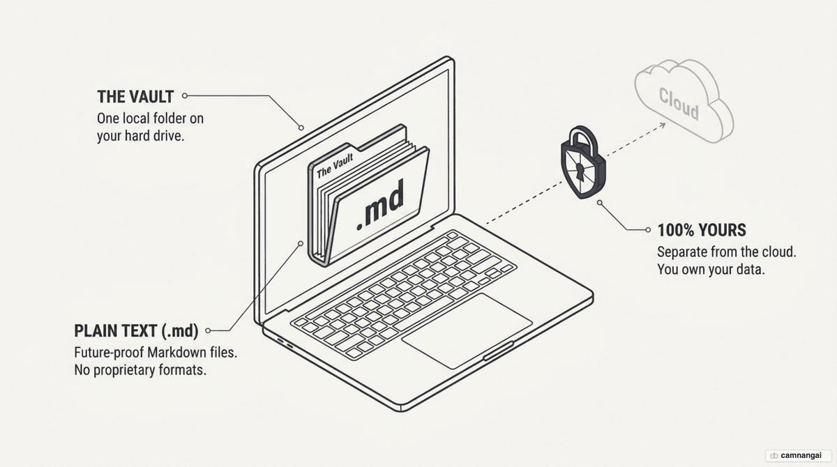 Concept illustration of a Vault: plain .md note files sitting inside one local folder on your machine rather than in the cloud