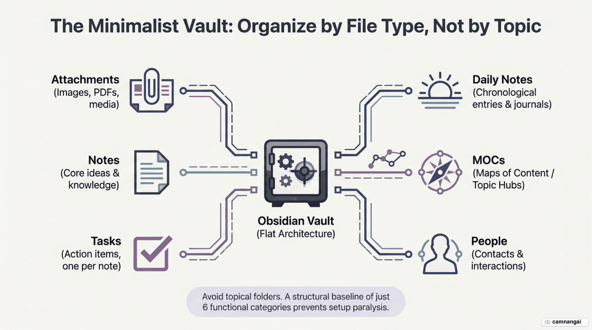Diagram of the six functional folders in an Obsidian vault: Daily Notes, MOCs, People, Tasks, Notes, and Attachments