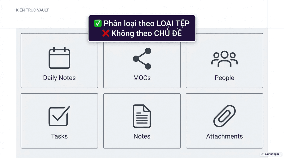 Sơ đồ sáu thư mục theo chức năng trong vault Obsidian: Daily Notes, MOCs, People, Tasks, Notes và Attachments