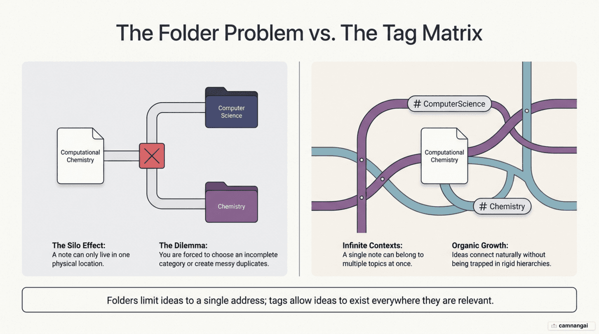 A comparison of the folder problem (a note can live in only one place) versus multi-dimensional tags that let one note belong to several topics at once in Obsidian