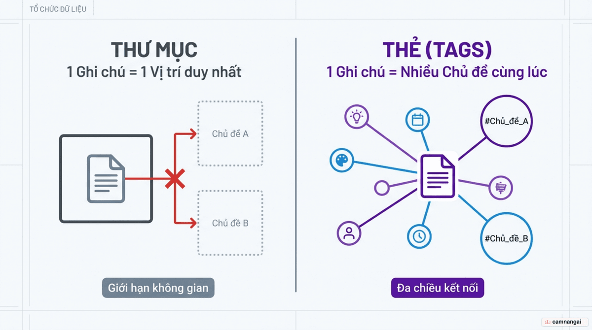 So sánh vấn đề của thư mục (một ghi chú chỉ nằm được ở một nơi) với thẻ tags đa chiều cho phép một ghi chú thuộc nhiều chủ đề cùng lúc trong Obsidian